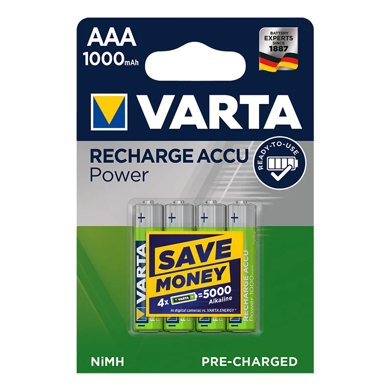 Varta Recharge Accu Power Batterien AAA 1000 mAh gebrauchsfertig 4 Stück im Blister