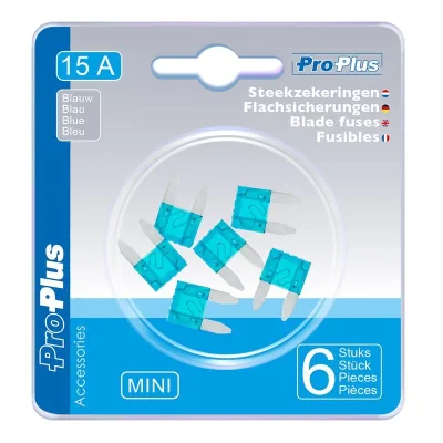 490366 - Blad sikringer mini 15A blå 6 stykker i bisterpakning